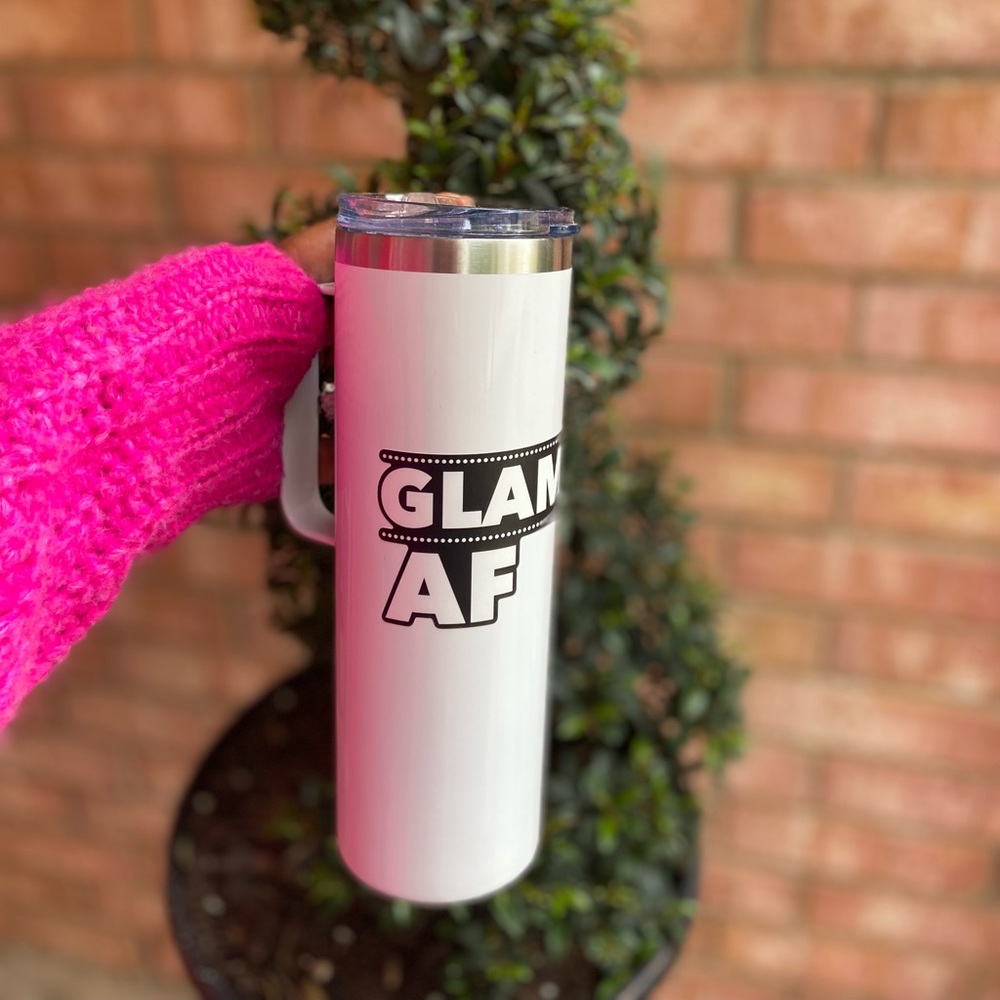 GlamAF white tumbler. Insulated and vacuum sealed. Comes with stainless straw.